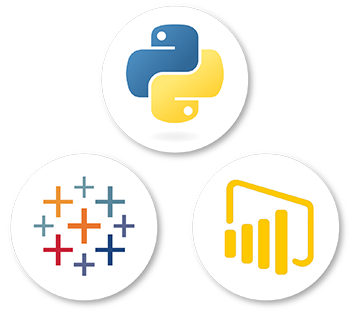 Logos for Pyton, Tableau and Microsoft Power BI