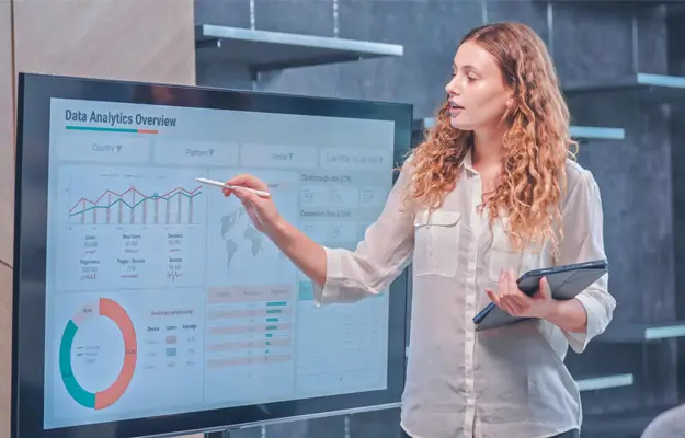 Lady presenting data analytics in a meeting