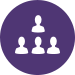 White silhouettes of four people, with one stacked above a row of the other three on a purple background.